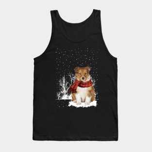 Christmas Shetland Sheepdog With Scarf In Winter Forest Tank Top